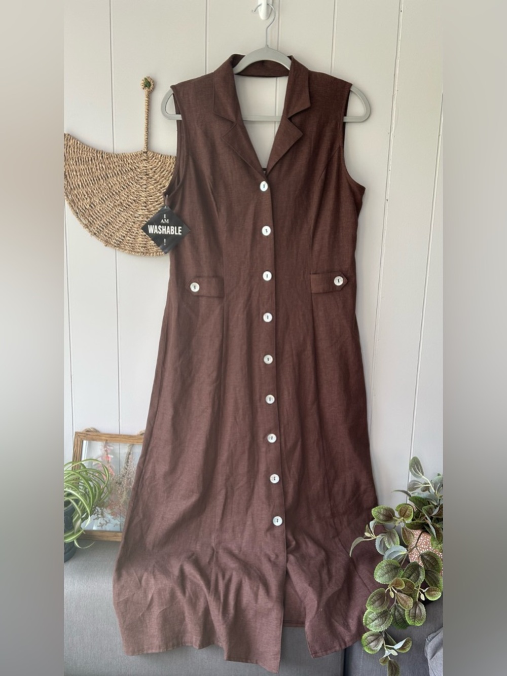 Vintage R&K Originals Brown Sleeveless Linen-Blend Dress Mother of Pearl Buttons